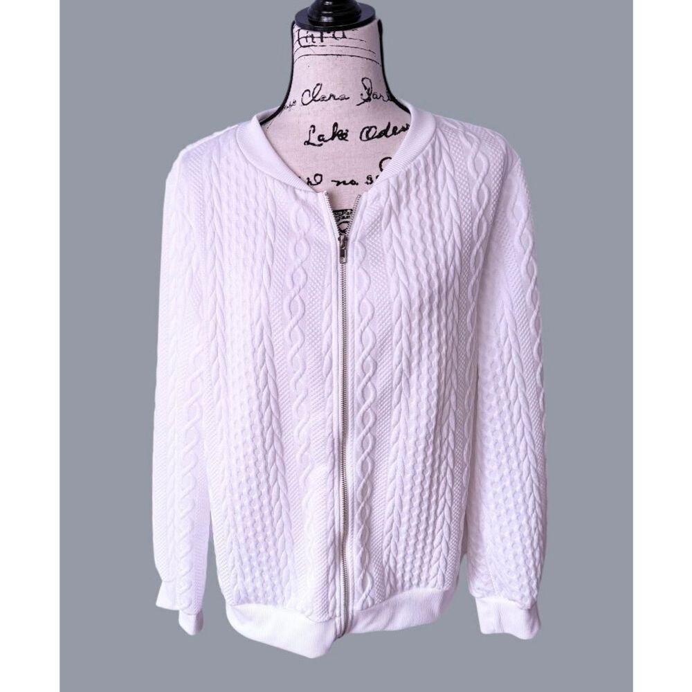 Crisp White Quilted Cable Knit Zip-Up Sweater Jacket - Size XL - NWOT